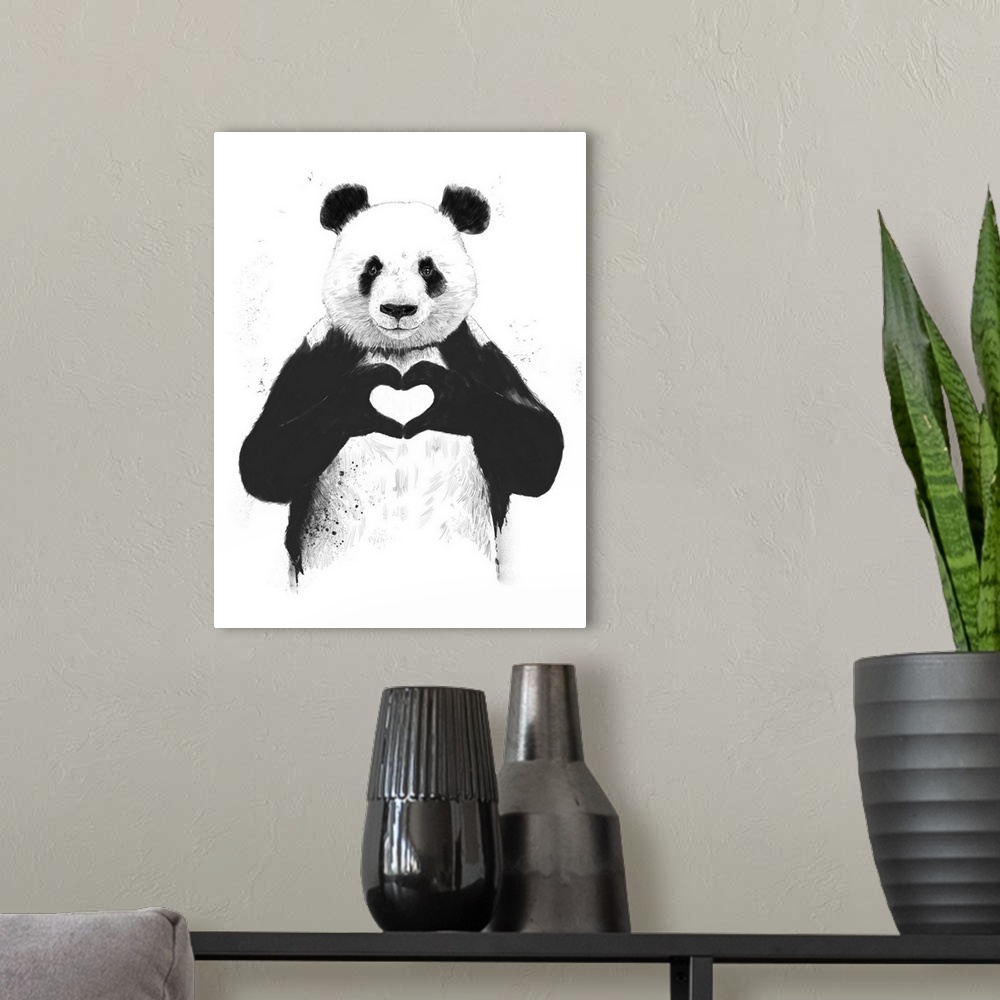 A modern room featuring A contemporary illustration of a panda bear holding up paws to make a heart shape.