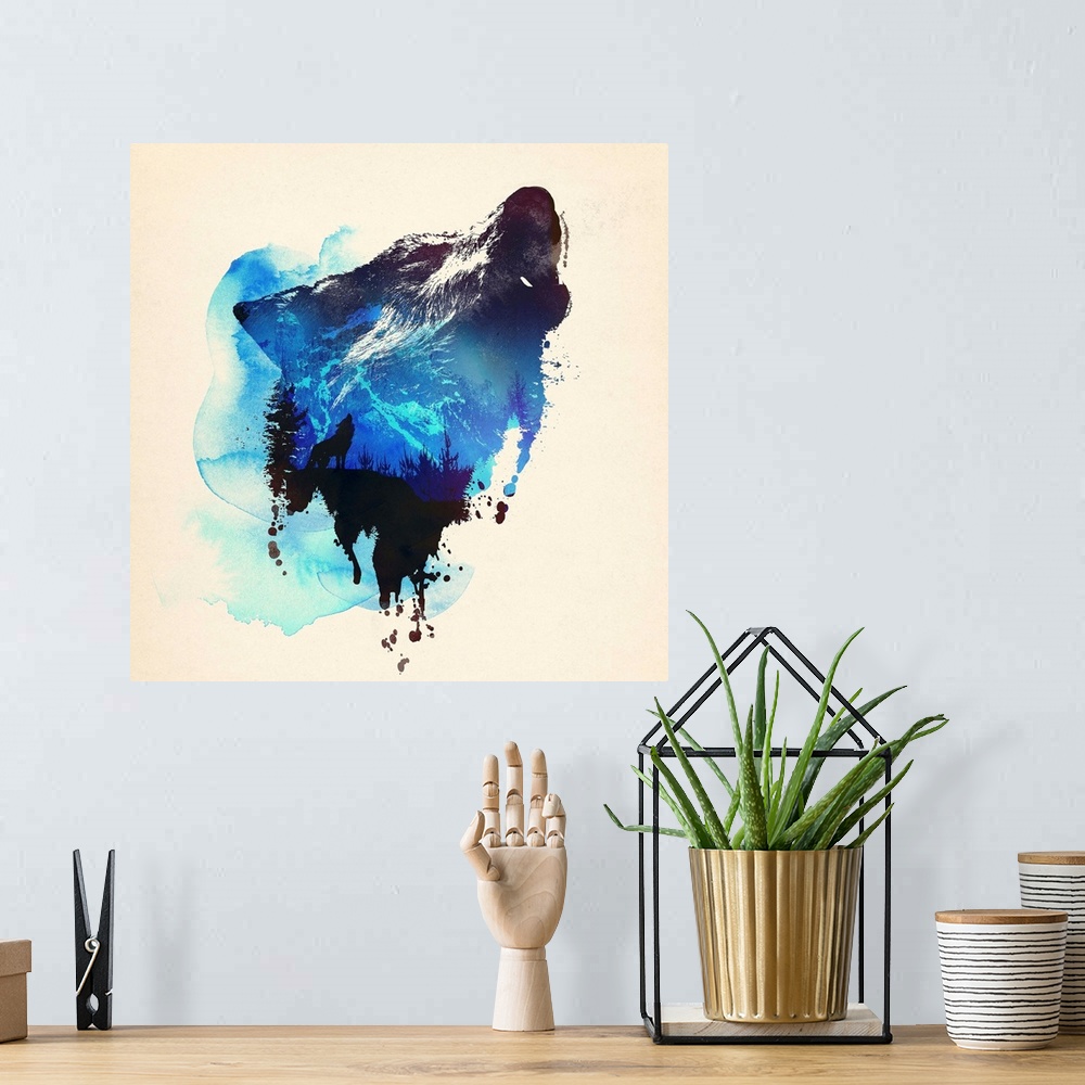 A bohemian room featuring Contemporary double exposure artwork of a wolf and forest silhouette scene.