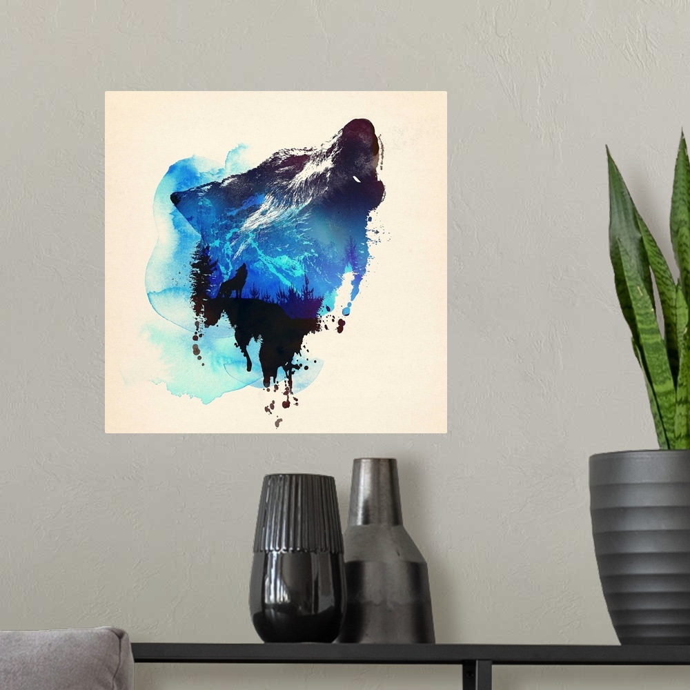 A modern room featuring Contemporary double exposure artwork of a wolf and forest silhouette scene.