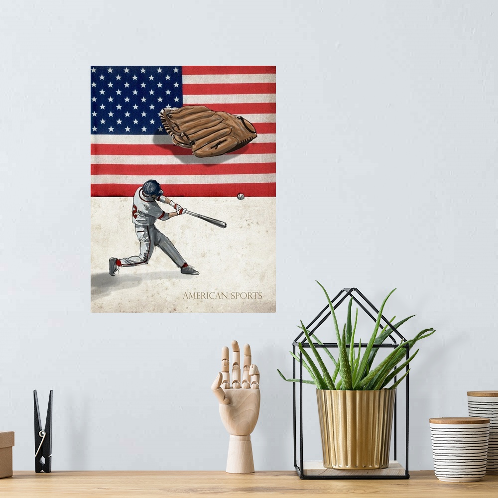 A bohemian room featuring A digital illustration of a baseball player swinging a bat at a ball with the american flag and "...