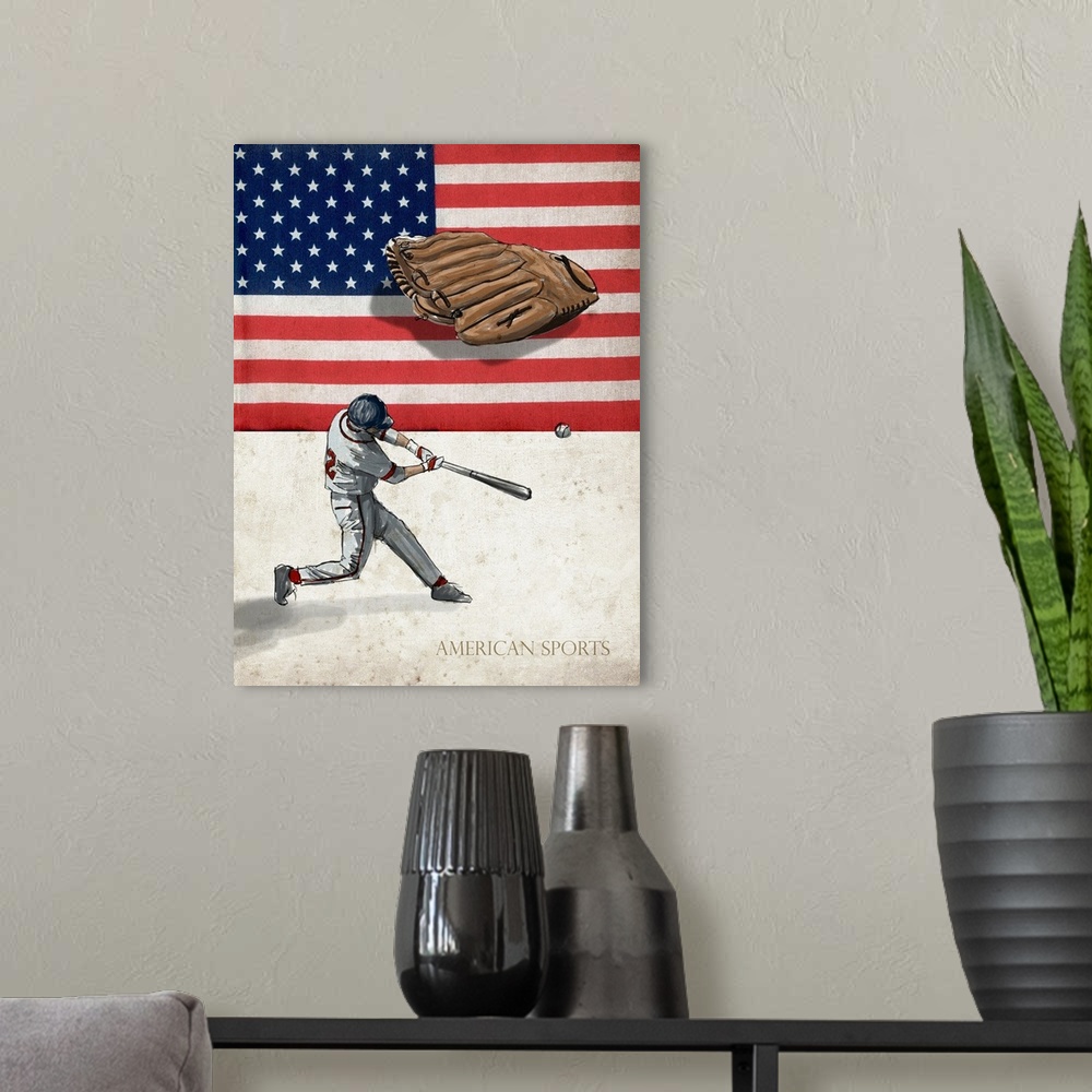 A modern room featuring A digital illustration of a baseball player swinging a bat at a ball with the american flag and "...