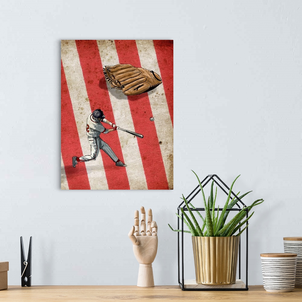 A bohemian room featuring A digital illustration of a baseball player swinging a bat at a ball with the american flag in th...
