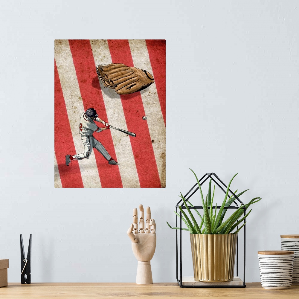 A bohemian room featuring A digital illustration of a baseball player swinging a bat at a ball with the american flag in th...