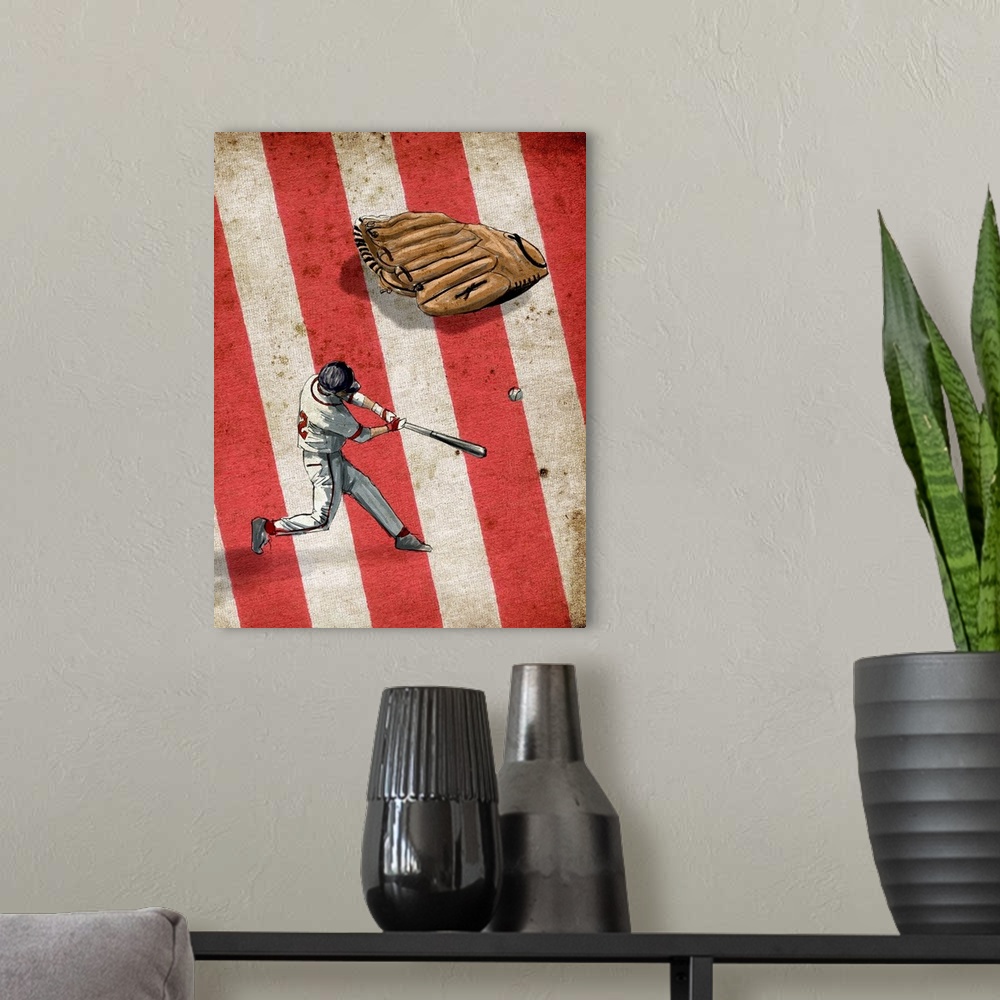 A modern room featuring A digital illustration of a baseball player swinging a bat at a ball with the american flag in th...
