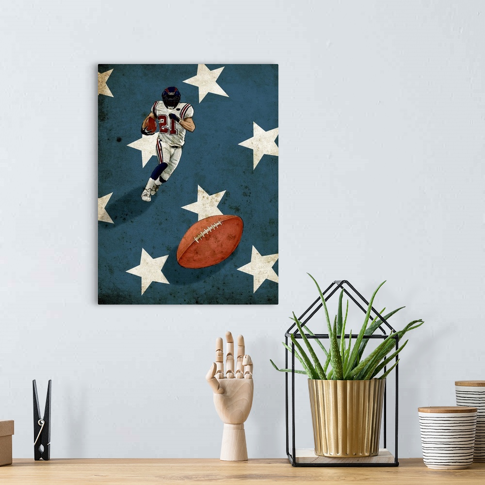A bohemian room featuring A digital illustration of a football player running with the american flag in the background.