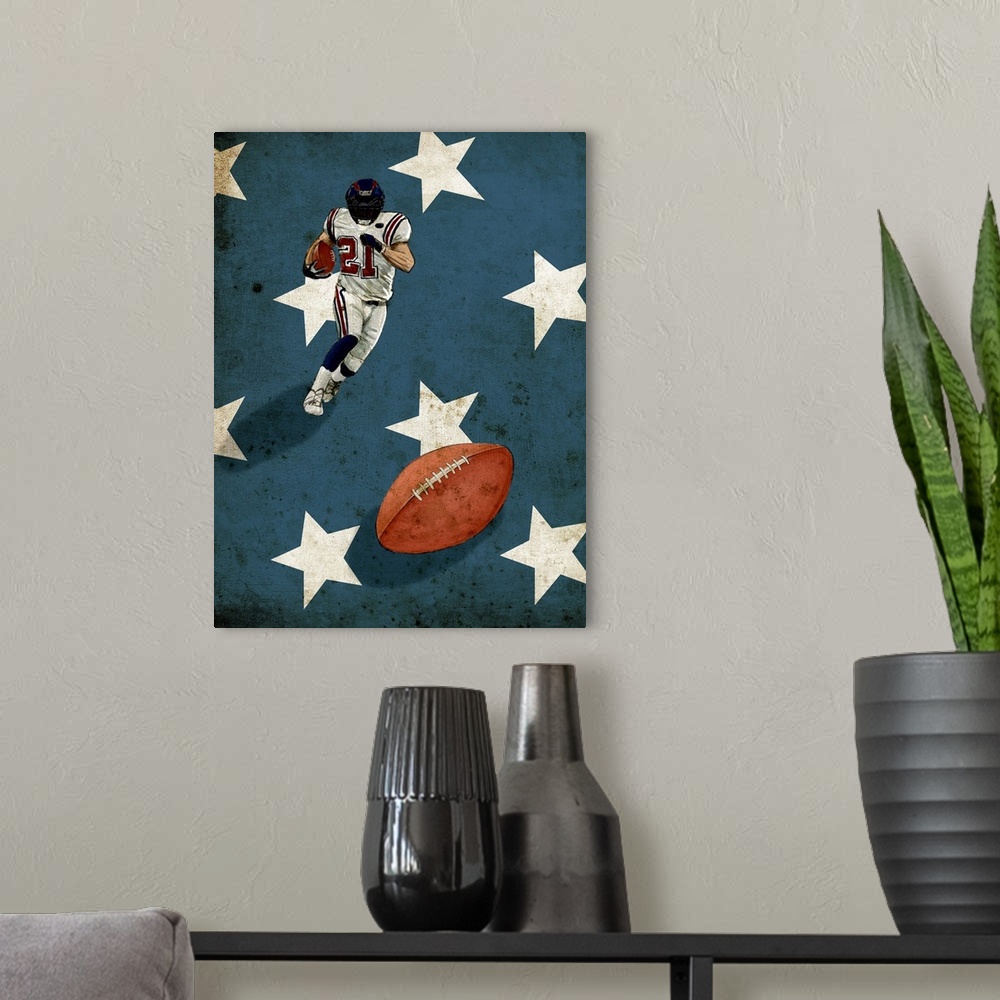 A modern room featuring A digital illustration of a football player running with the american flag in the background.