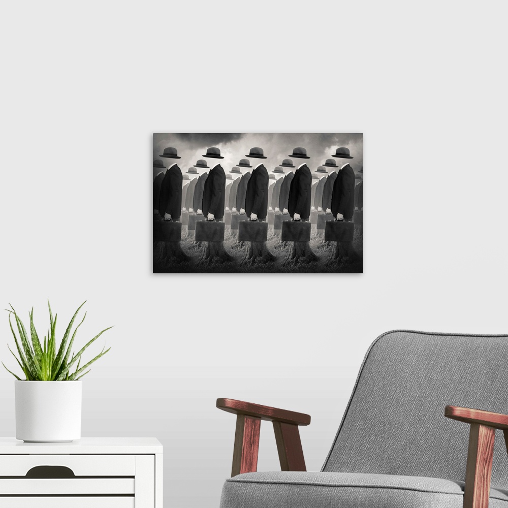A modern room featuring An abstract art photograph of empty business suits and hats, holding briefcases in formation.