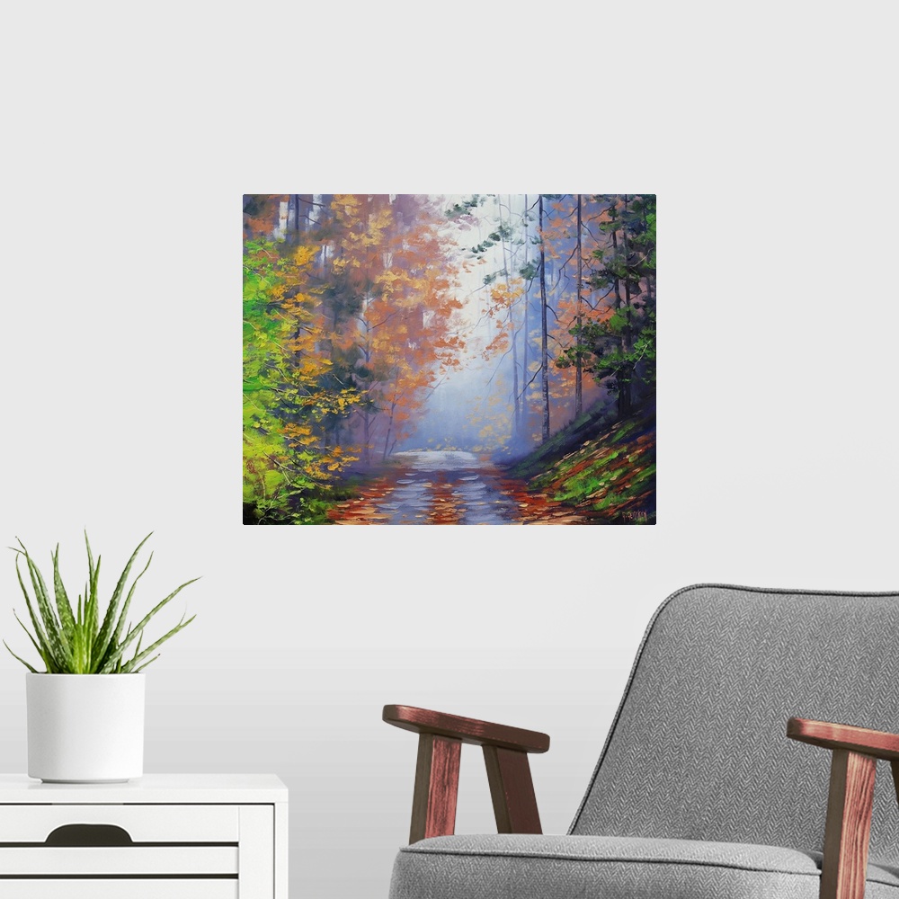 A modern room featuring Painting of a forest in autumn.