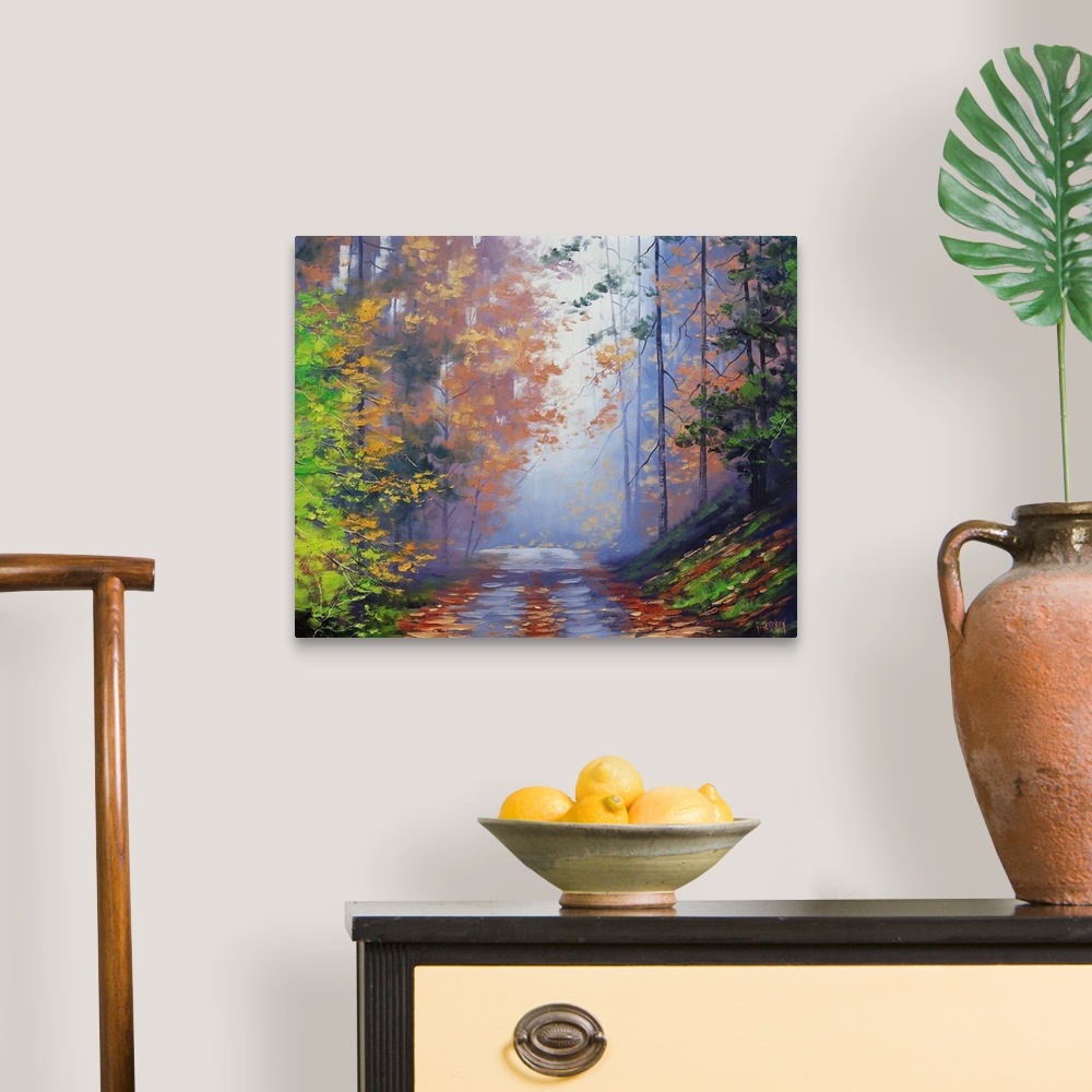 A traditional room featuring Painting of a forest in autumn.
