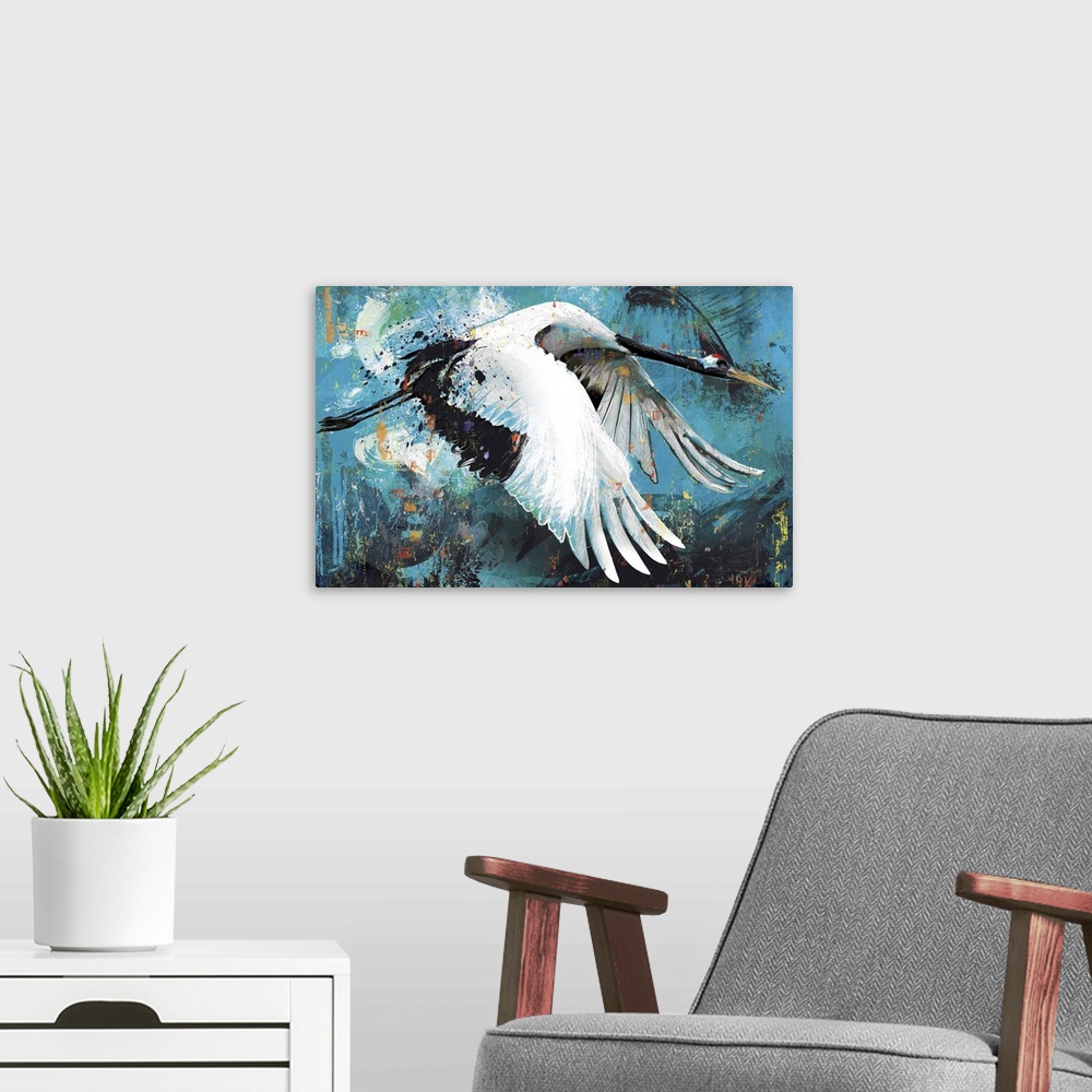 A modern room featuring Red-Crowned crane isolated on white