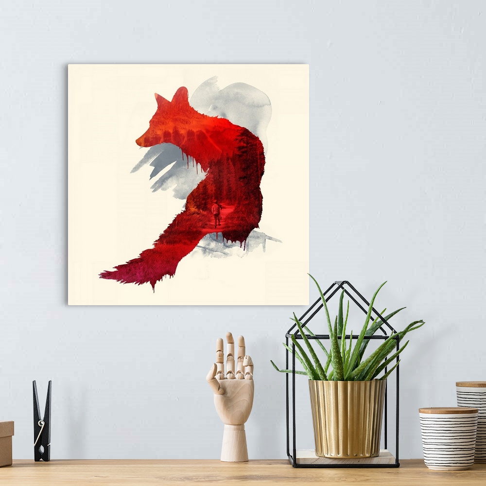 A bohemian room featuring Double exposure artwork of fox and a hunter walking in the woods.