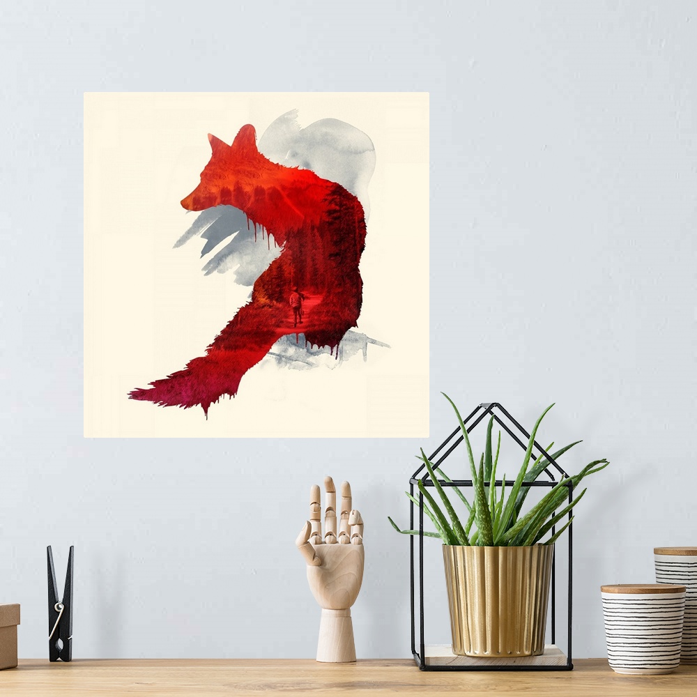 A bohemian room featuring Double exposure artwork of fox and a hunter walking in the woods.