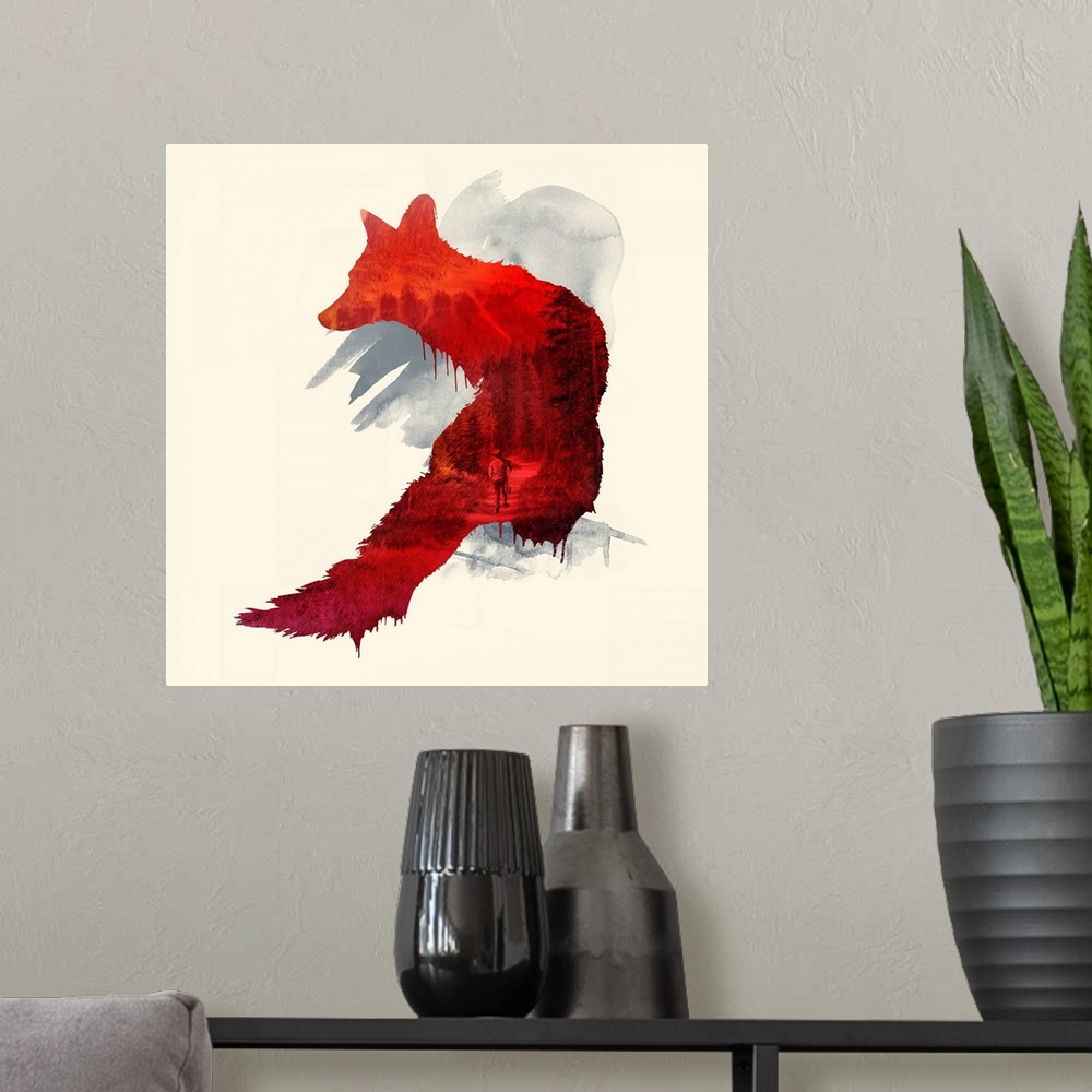 A modern room featuring Double exposure artwork of fox and a hunter walking in the woods.