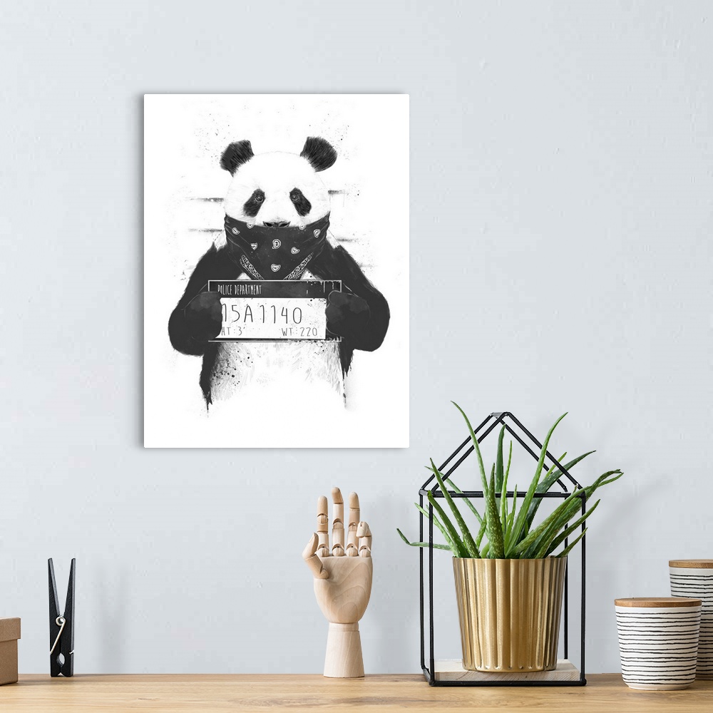 A bohemian room featuring A contemporary illustration of a panda bear holding up a mug shot card and wearing a black bandan...