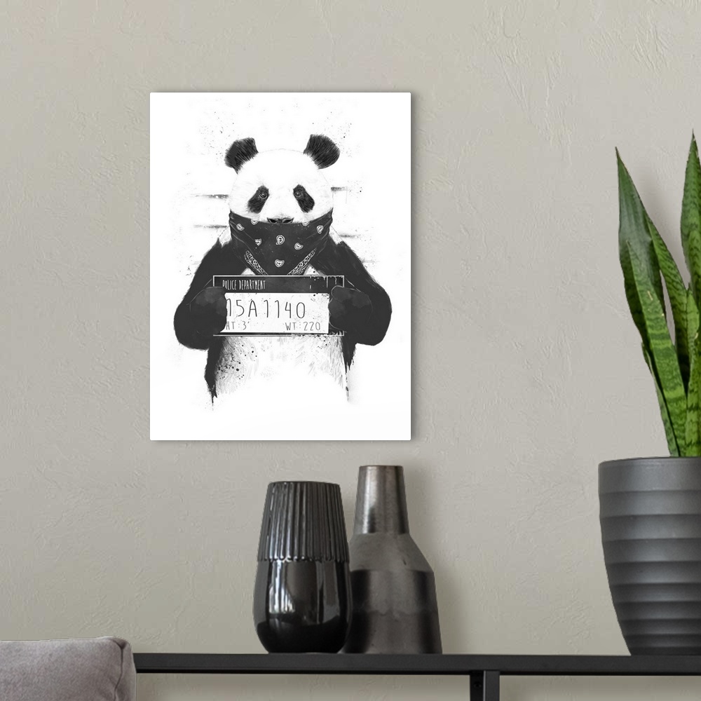 A modern room featuring A contemporary illustration of a panda bear holding up a mug shot card and wearing a black bandan...