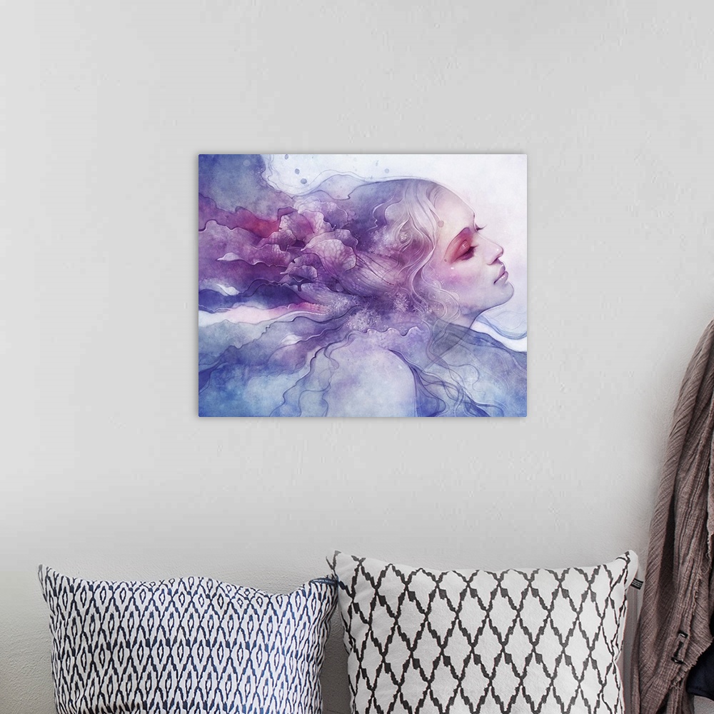 A bohemian room featuring A contemporary fantastical painting of a woman's face in profile with pink and purple free flowin...