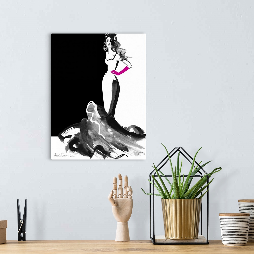 A bohemian room featuring Contemporary fashion artwork of a woman wearing a long dress and long pink gloves.