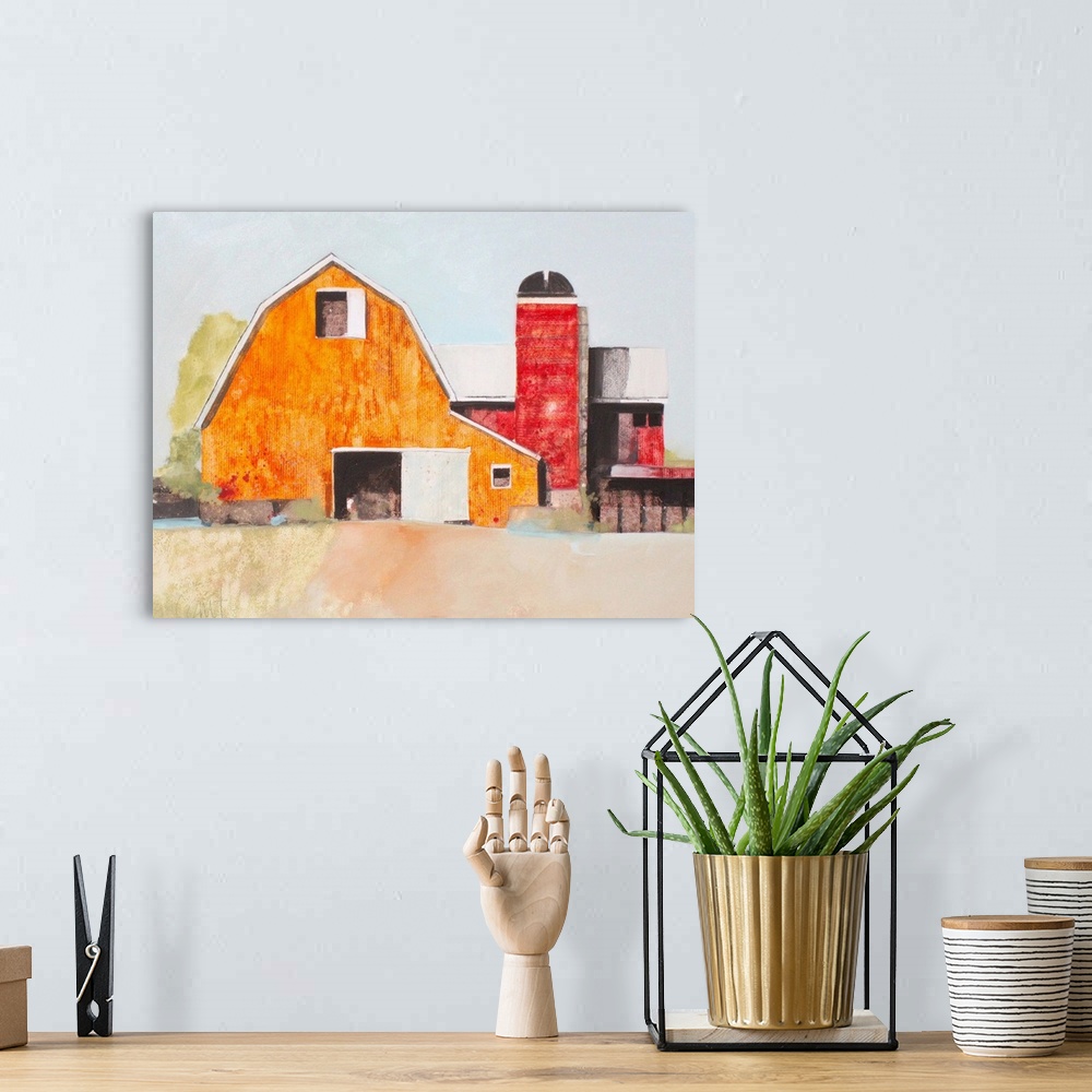 A bohemian room featuring A contemporary watercolor painting of a barn.