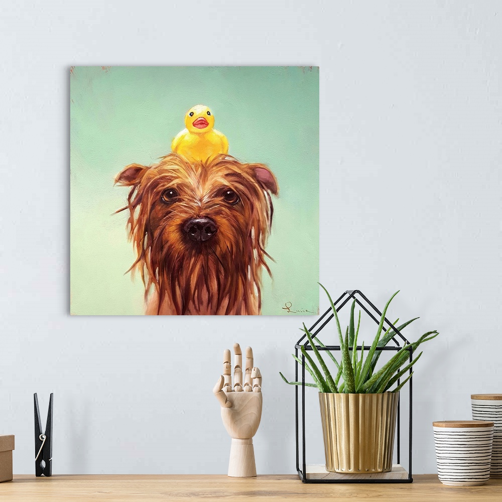 A bohemian room featuring A contemporary painting of a bathing dog with a rubber duck on he's head.