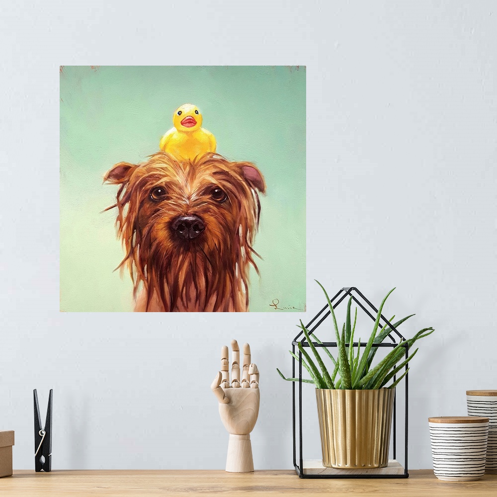A bohemian room featuring A contemporary painting of a bathing dog with a rubber duck on he's head.