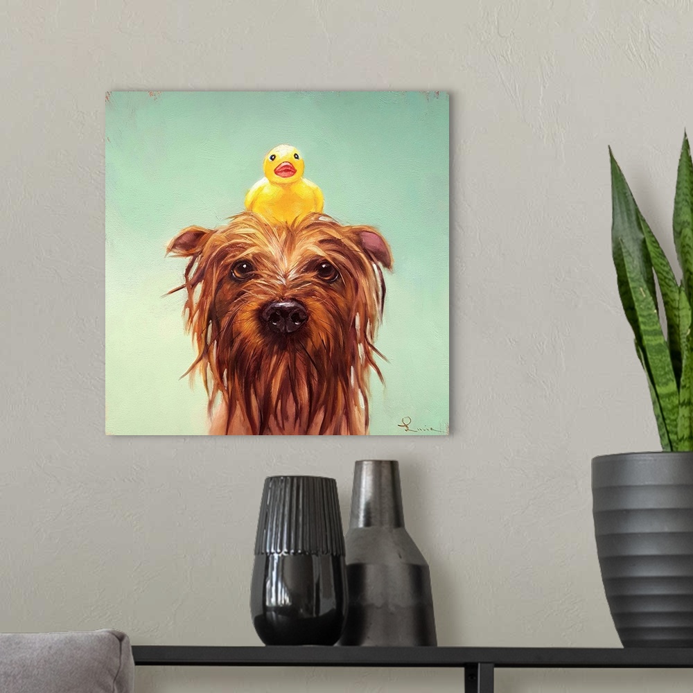 A modern room featuring A contemporary painting of a bathing dog with a rubber duck on he's head.