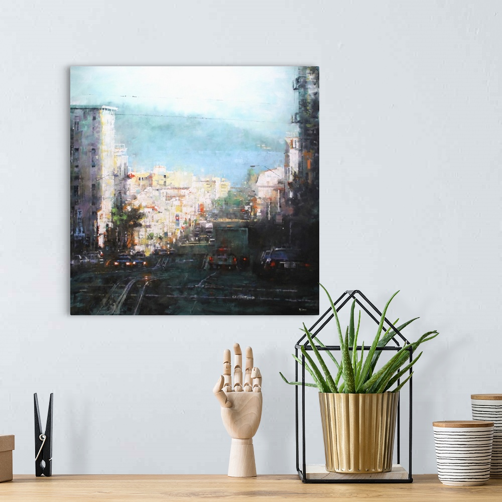 A bohemian room featuring Contemporary painting of an urban scene, with cars on the road looking out over the bay.