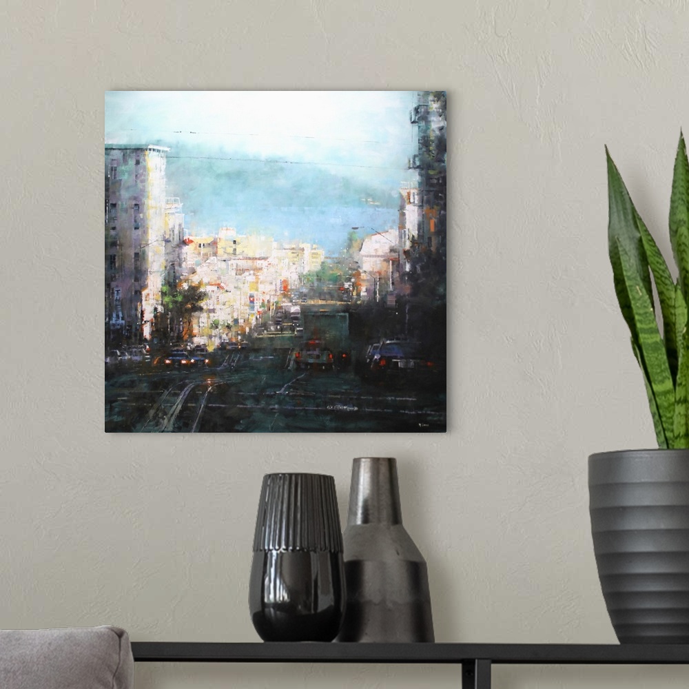 A modern room featuring Contemporary painting of an urban scene, with cars on the road looking out over the bay.