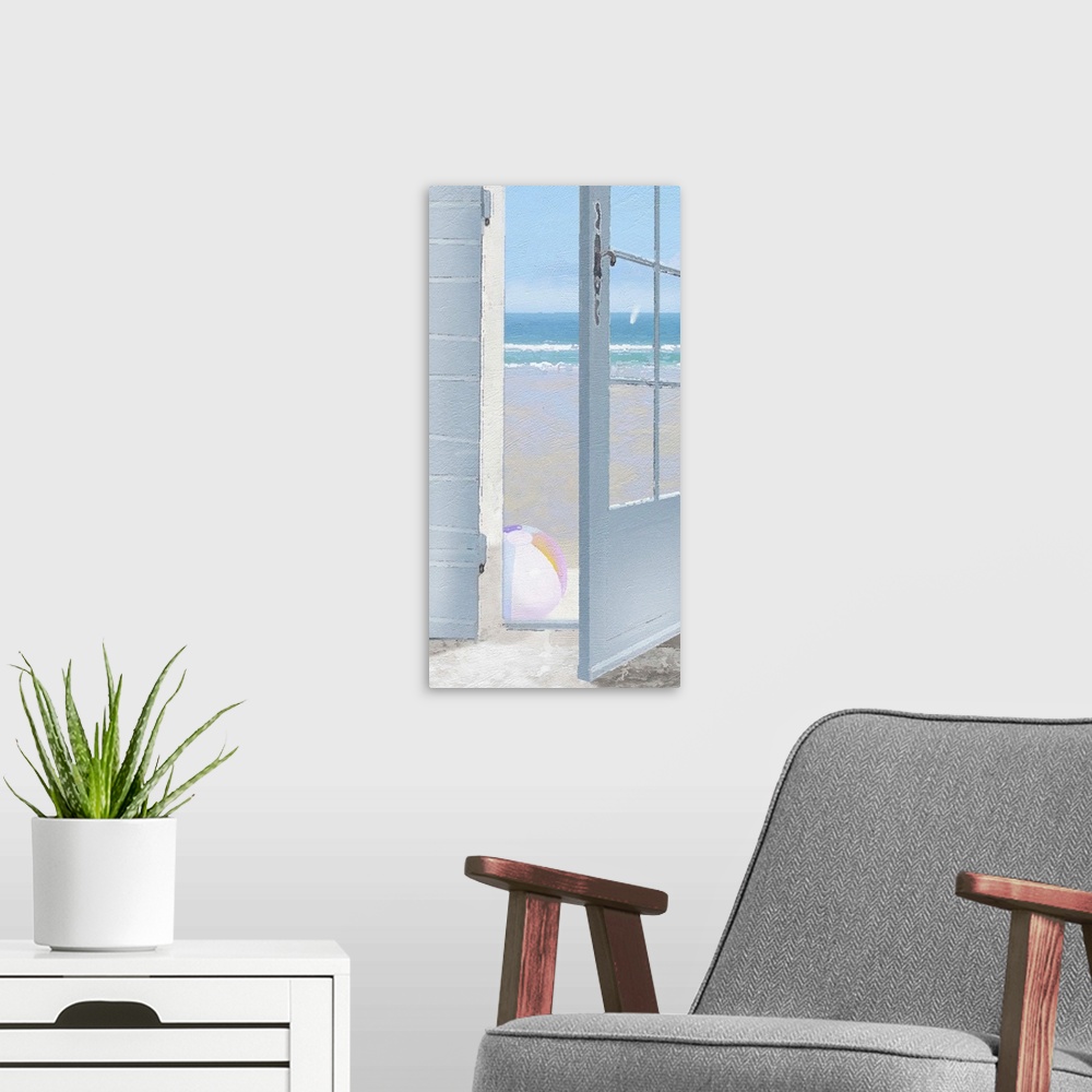 A modern room featuring Contemporary painting of an open open door with beach ball outside it looking out at a beach scene.