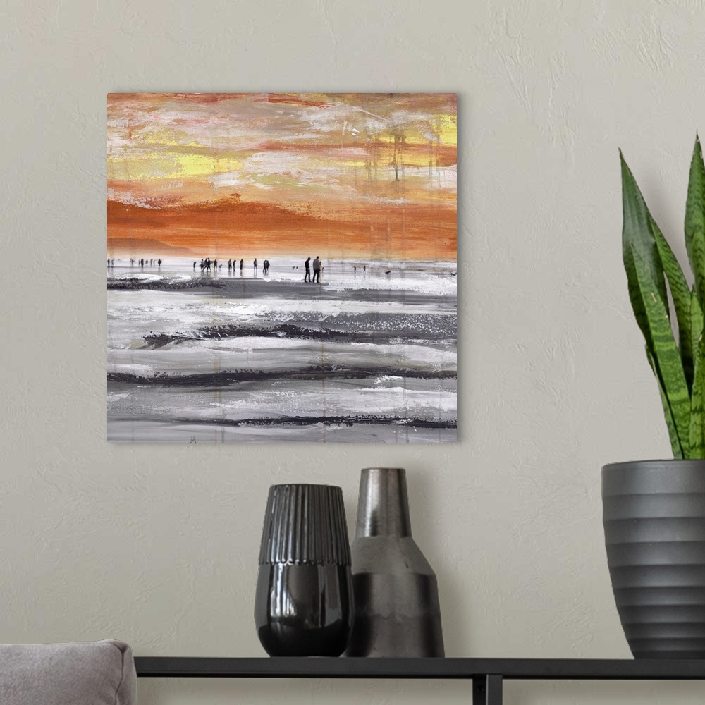 A modern room featuring Square mixed media artwork of people walking along a beach.