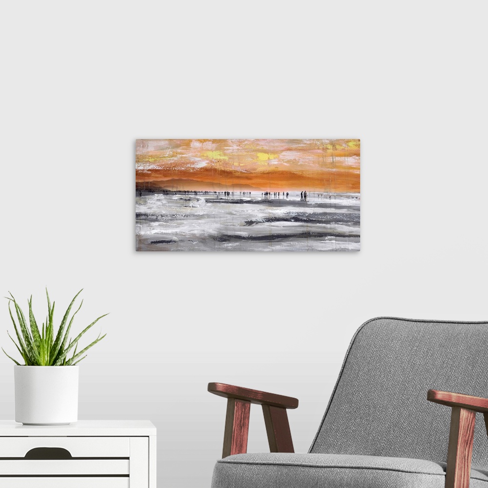 A modern room featuring A panoramic mixed media artwork of people walking along a beach.