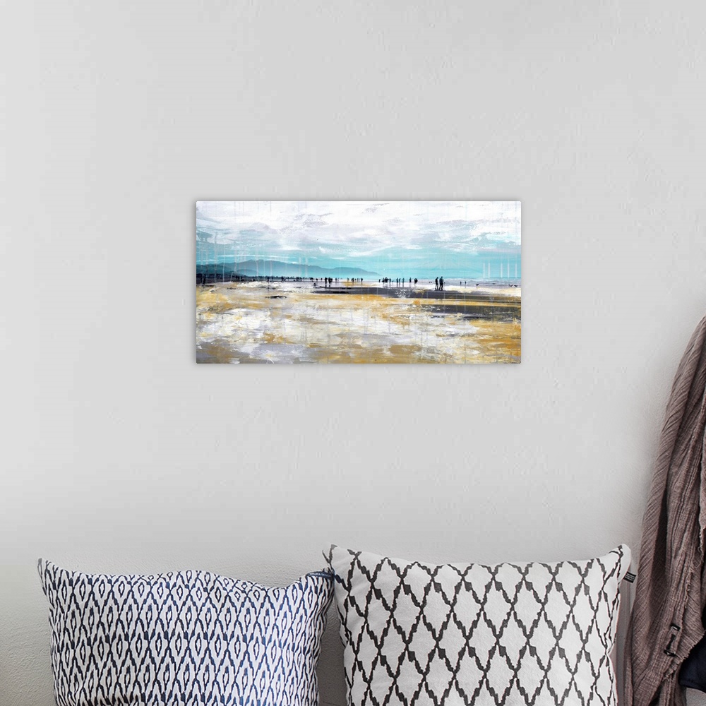 A bohemian room featuring A panoramic mixed media artwork of people walking along a beach.