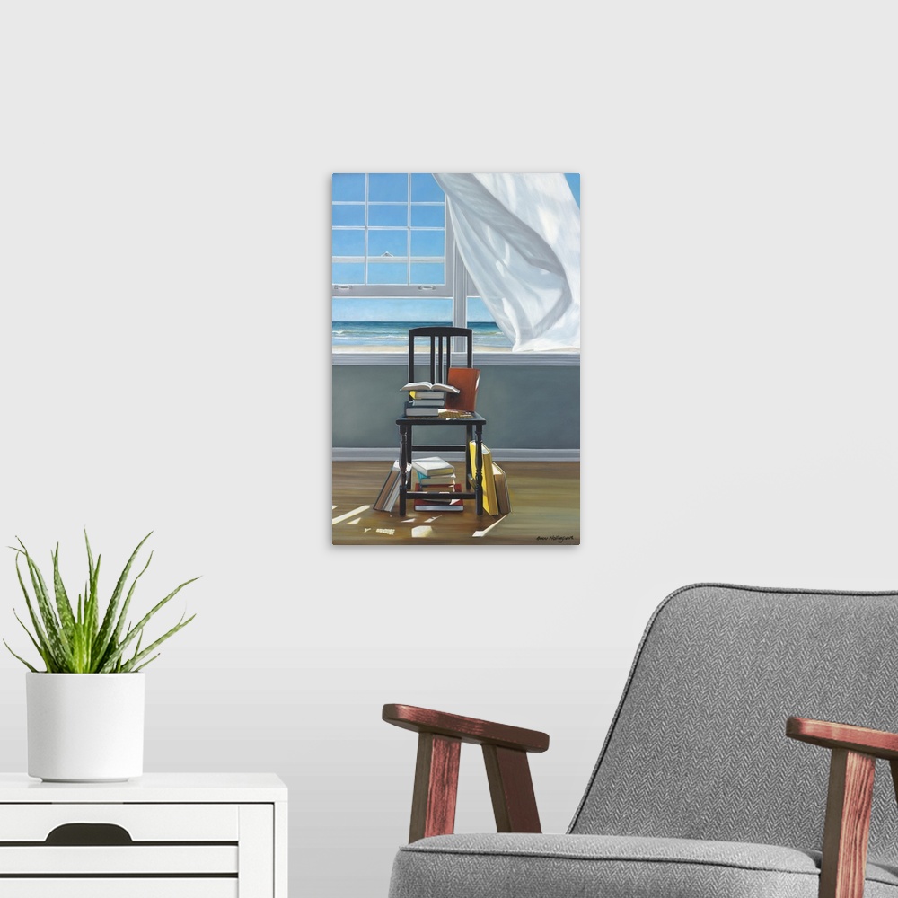A modern room featuring Contemporary still life painting of a stack of books on a chair next to an open window with a whi...