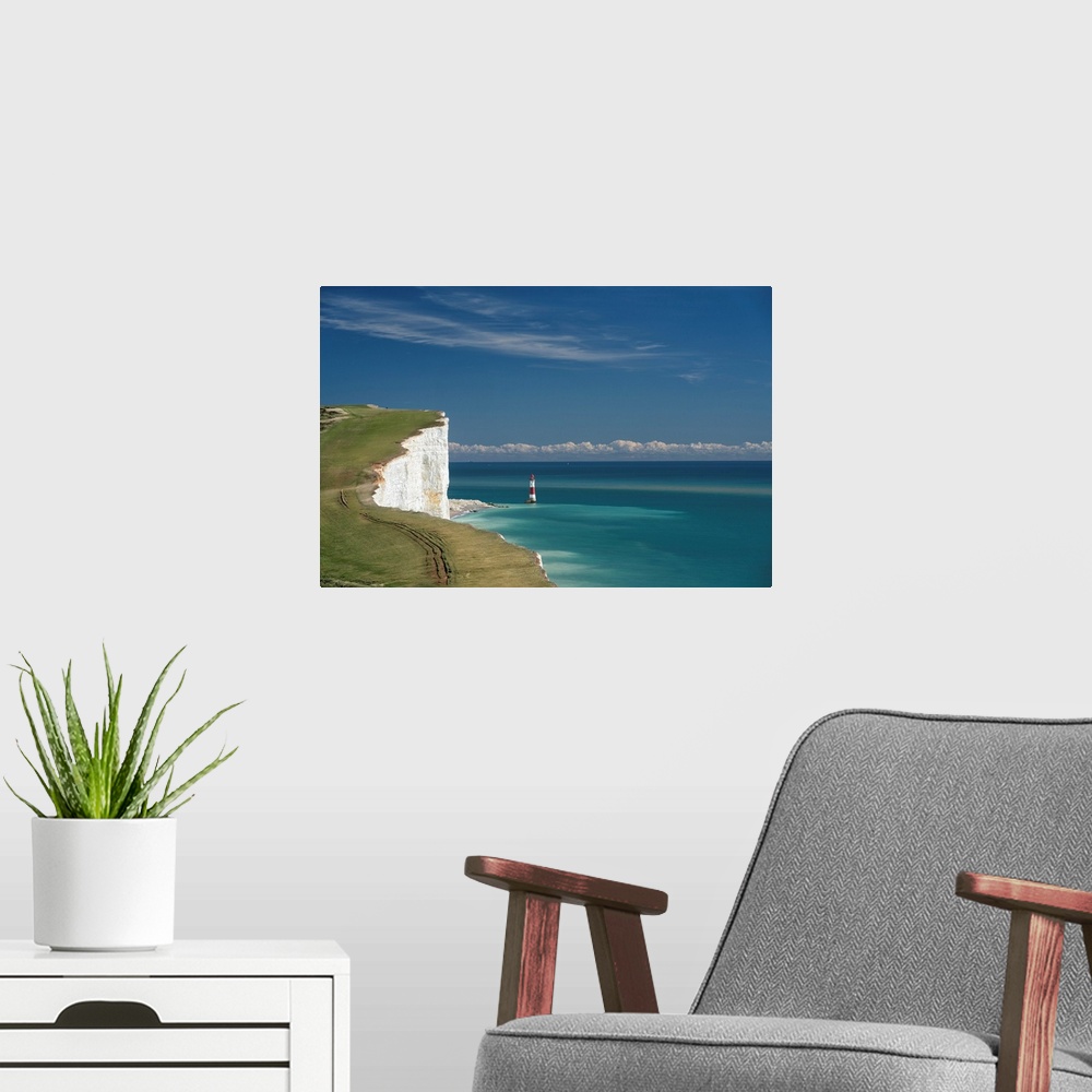 A modern room featuring Beachy Head Lighthouse, seven sisters, UK.
