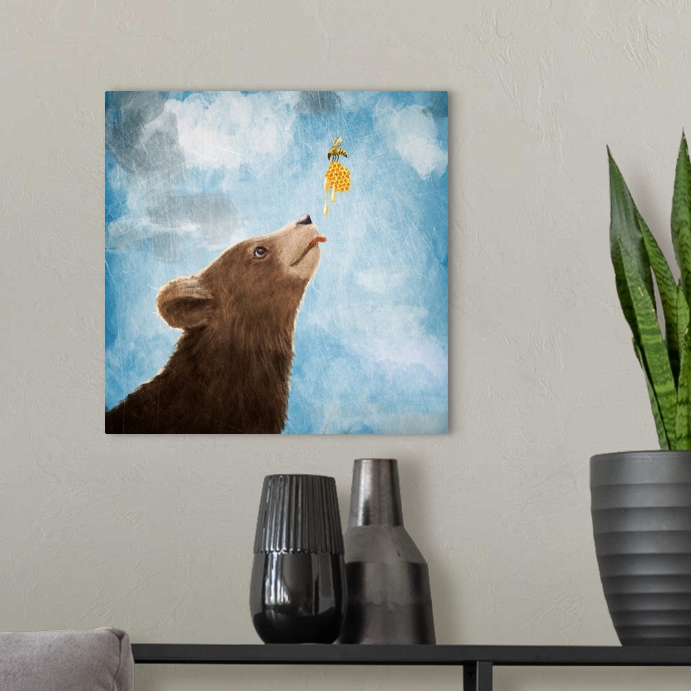 A modern room featuring Bear Cub And Bee With Honeycomb