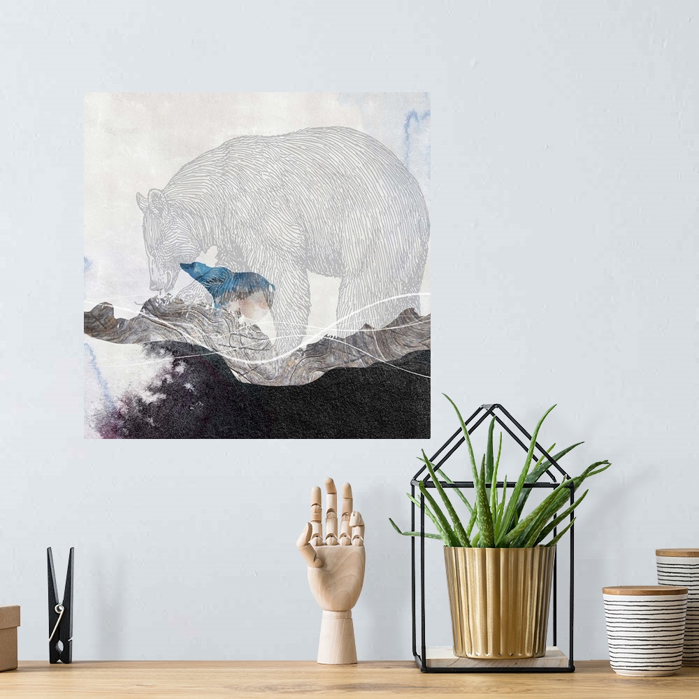 A bohemian room featuring Contemporary artwork of a faded illustration of a bear against a distressed background of wildern...