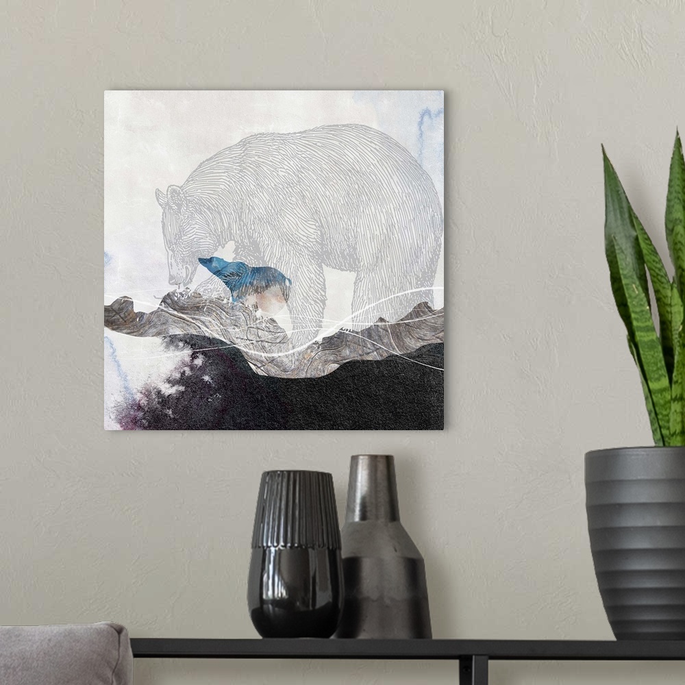 A modern room featuring Contemporary artwork of a faded illustration of a bear against a distressed background of wildern...