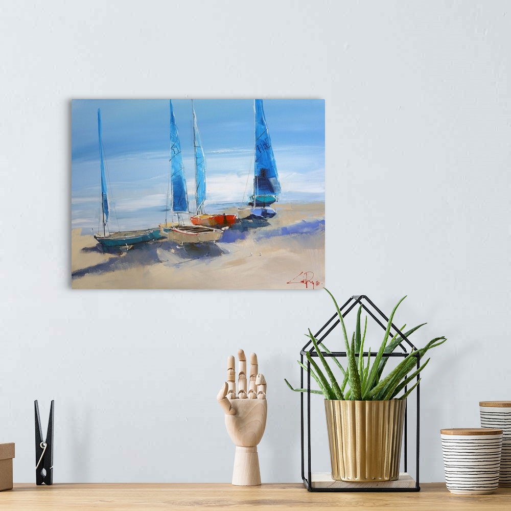 A bohemian room featuring A contemporary painting of four sailboats on the beach next to the water.