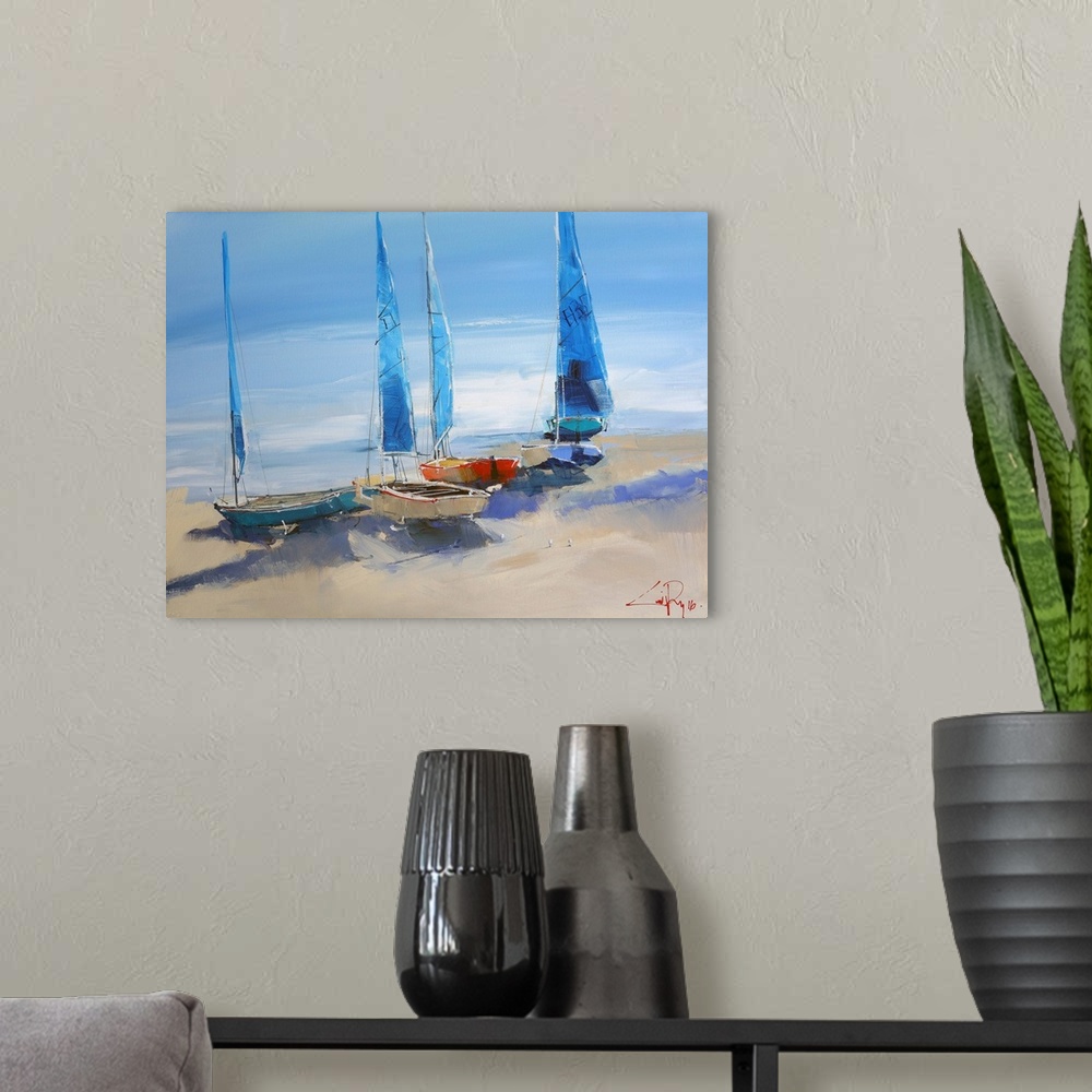 A modern room featuring A contemporary painting of four sailboats on the beach next to the water.