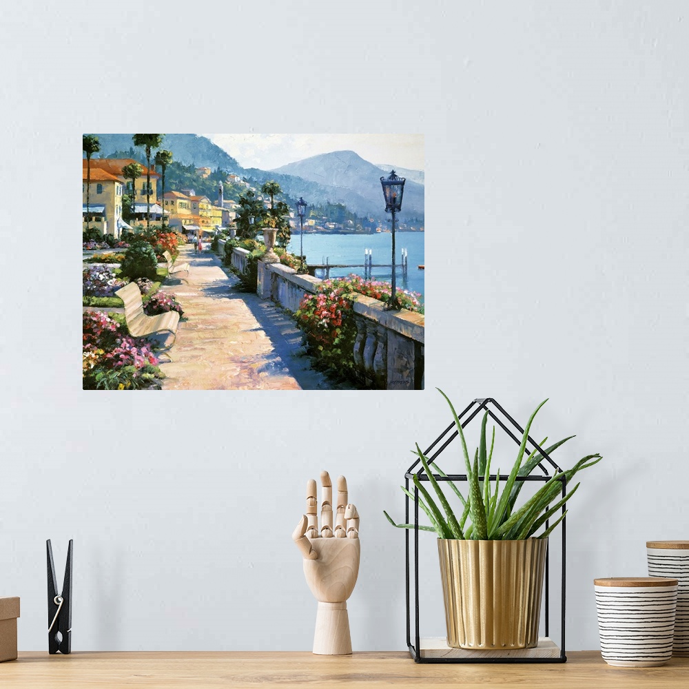 A bohemian room featuring Beautiful and romantic painting featuring a waterfront walkway in the idyllic town of Bellagio, o...
