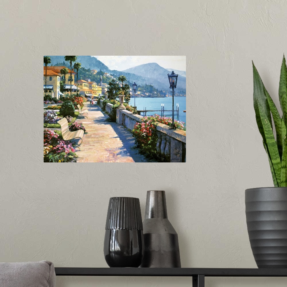 A modern room featuring Beautiful and romantic painting featuring a waterfront walkway in the idyllic town of Bellagio, o...