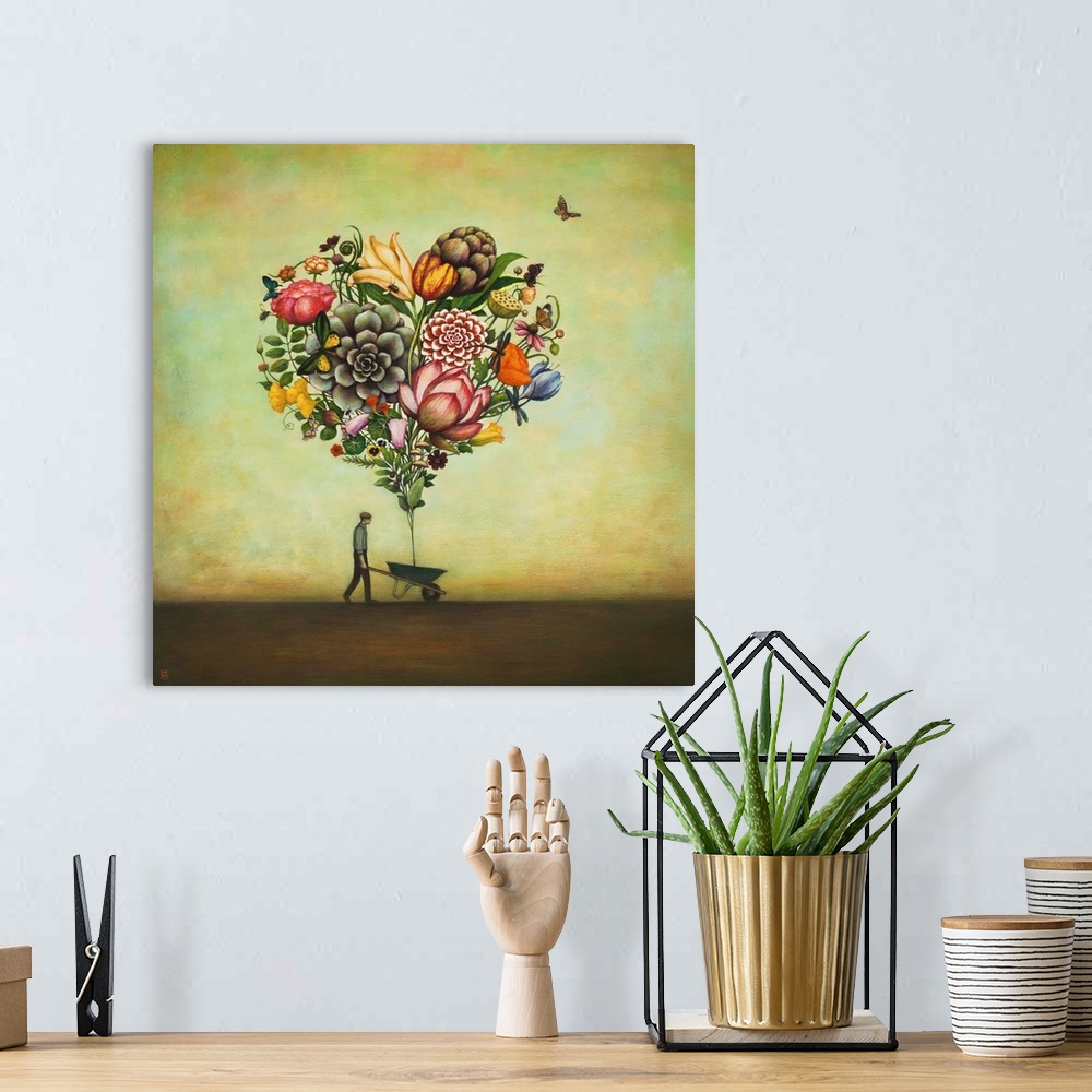 A bohemian room featuring Contemporary surreal artwork of a man pushing a wheelbarrow with several giant flowers in the sha...
