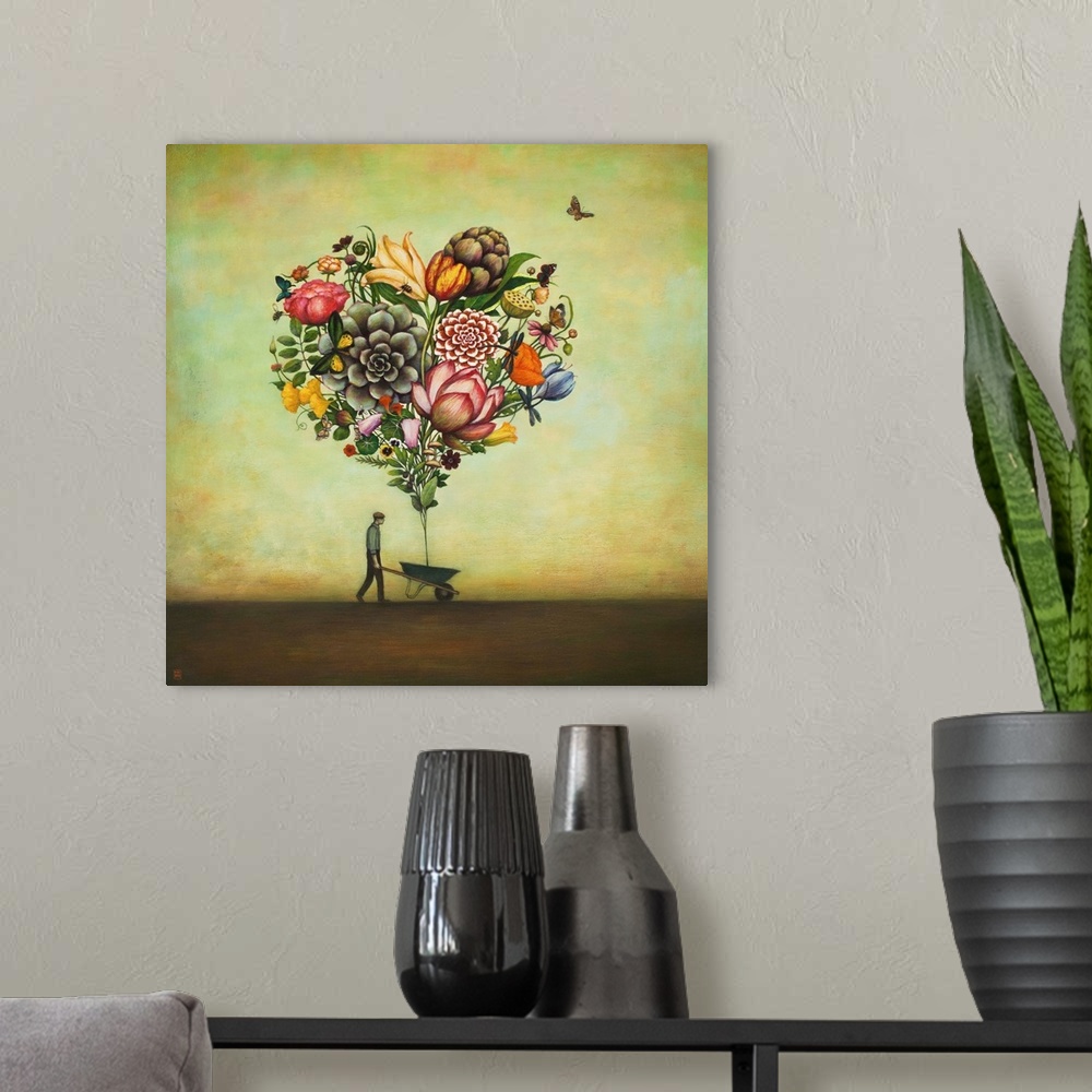 A modern room featuring Contemporary surreal artwork of a man pushing a wheelbarrow with several giant flowers in the sha...