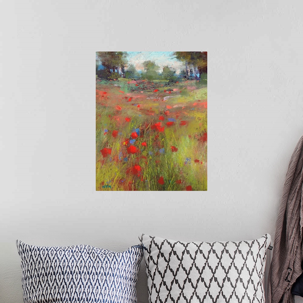 A bohemian room featuring A contemporary painting of a countryside meadow of wildflowers.
