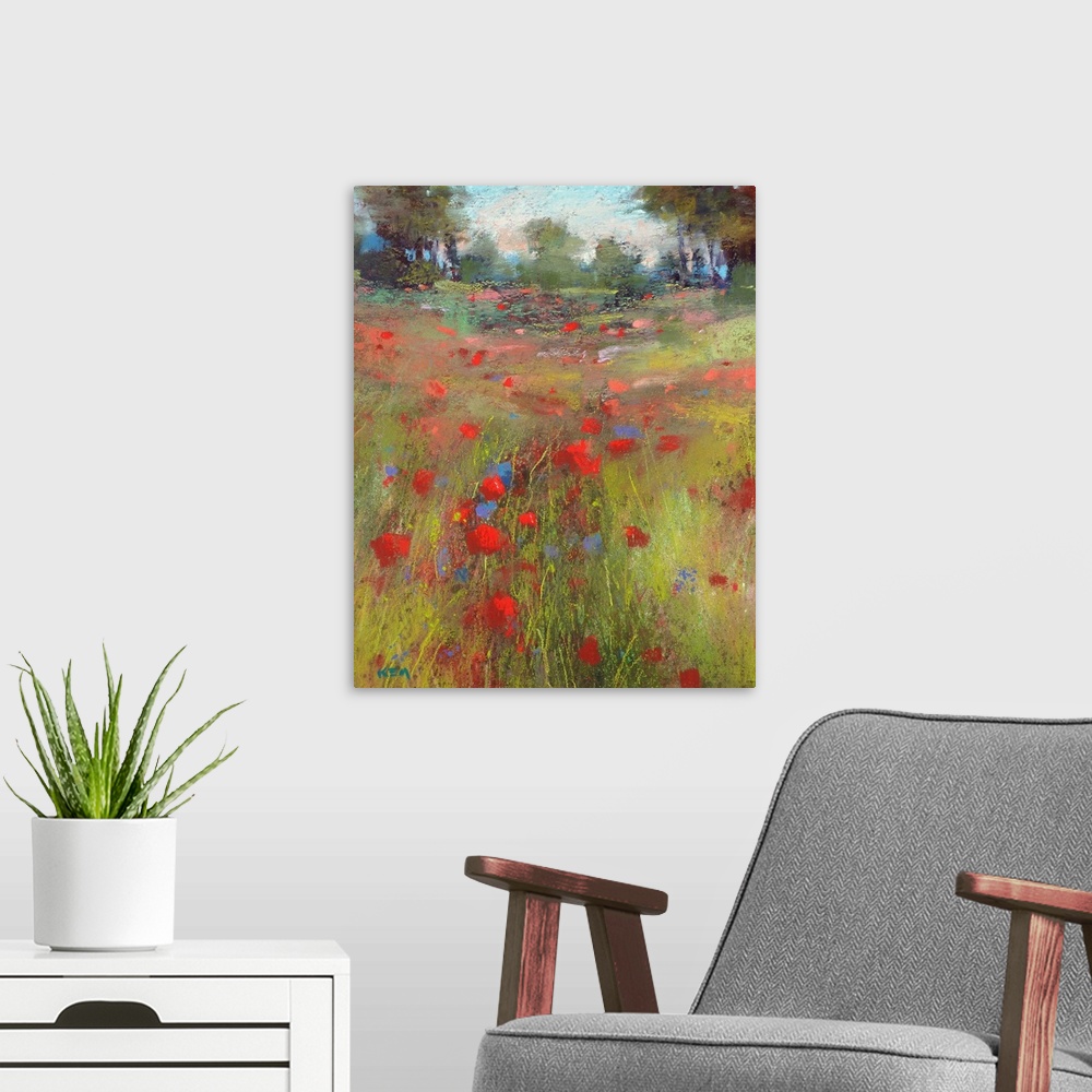 A modern room featuring A contemporary painting of a countryside meadow of wildflowers.