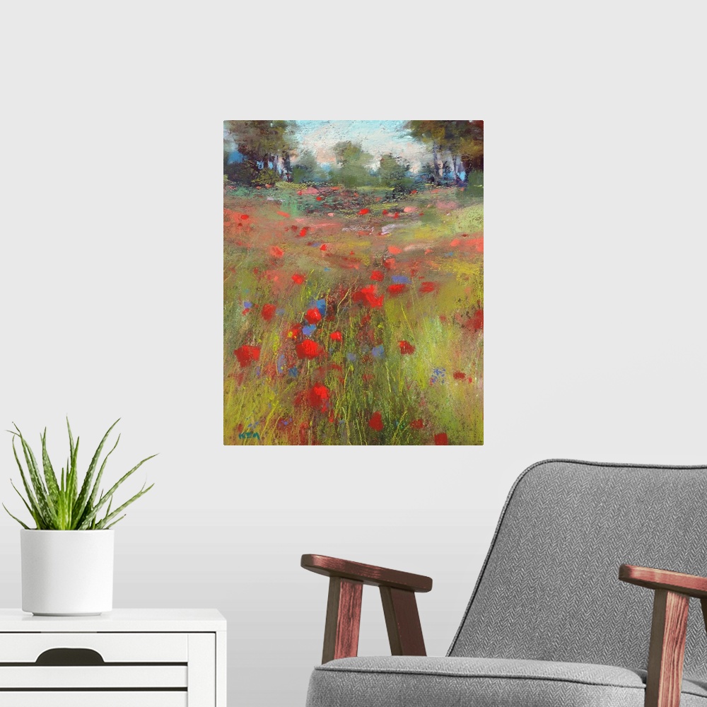 A modern room featuring A contemporary painting of a countryside meadow of wildflowers.