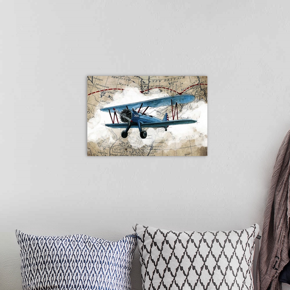 A bohemian room featuring Illustration of a blue biplane in flight with clouds and a map in the background.