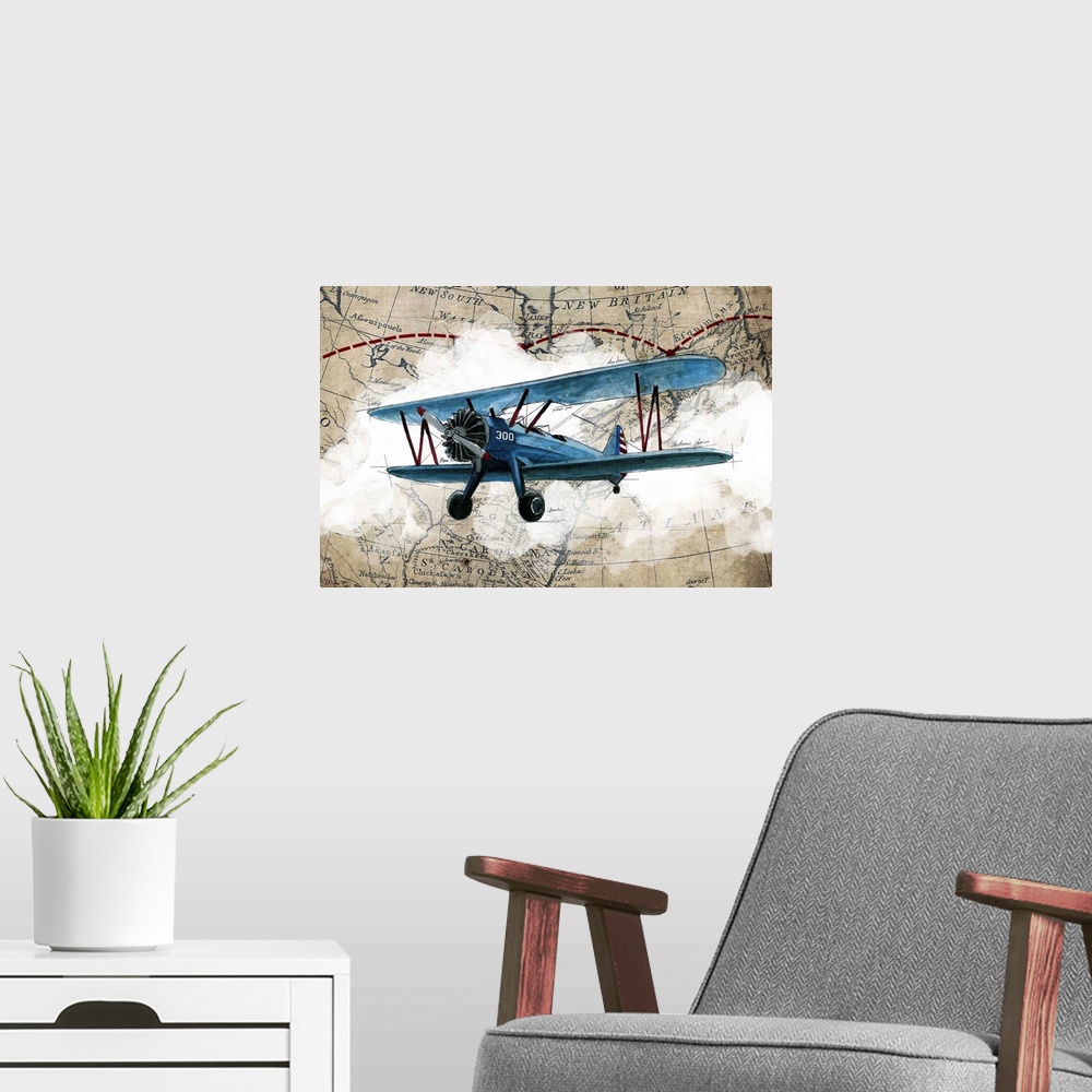 A modern room featuring Illustration of a blue biplane in flight with clouds and a map in the background.