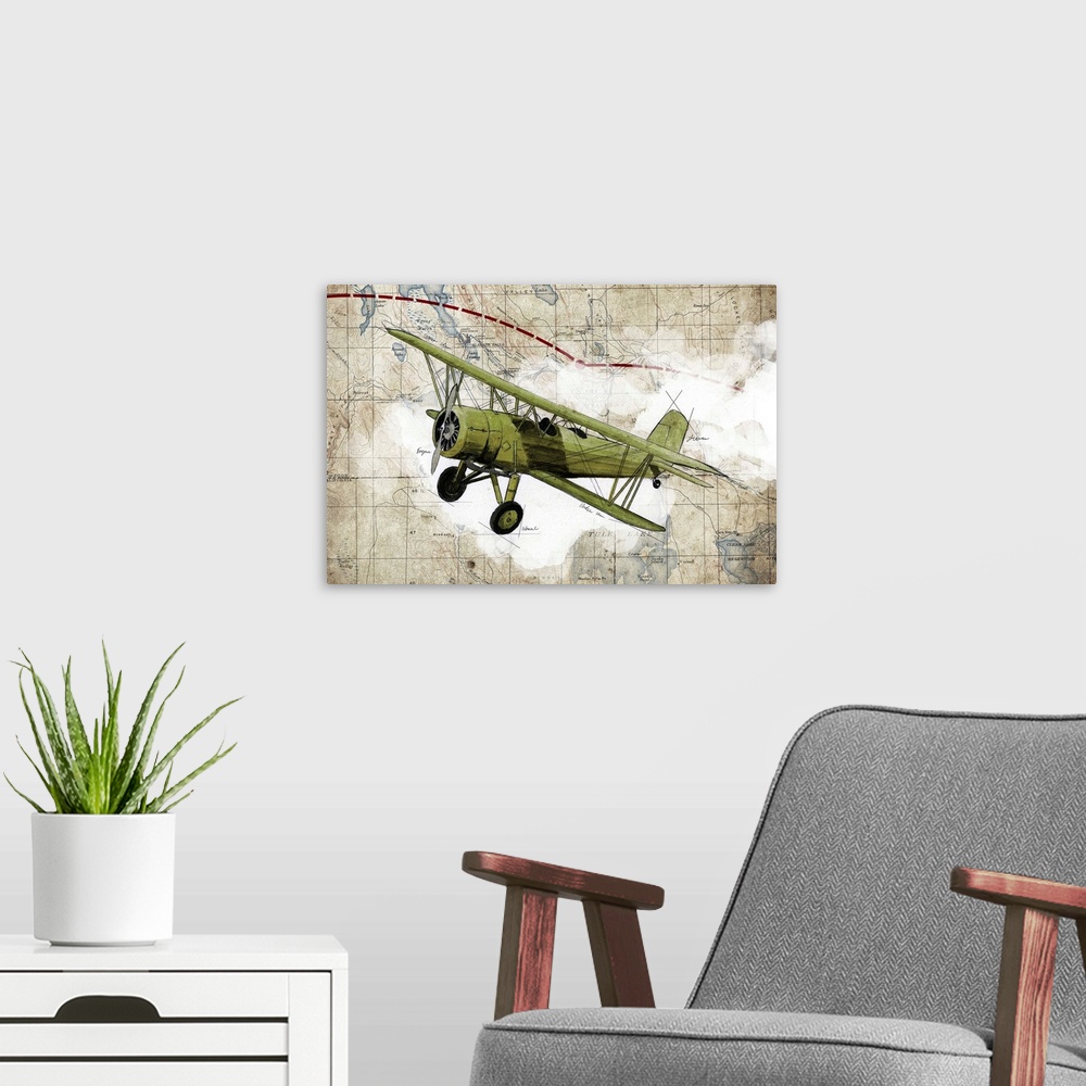 A modern room featuring Illustration of a green biplane in flight with clouds and a map in the background.