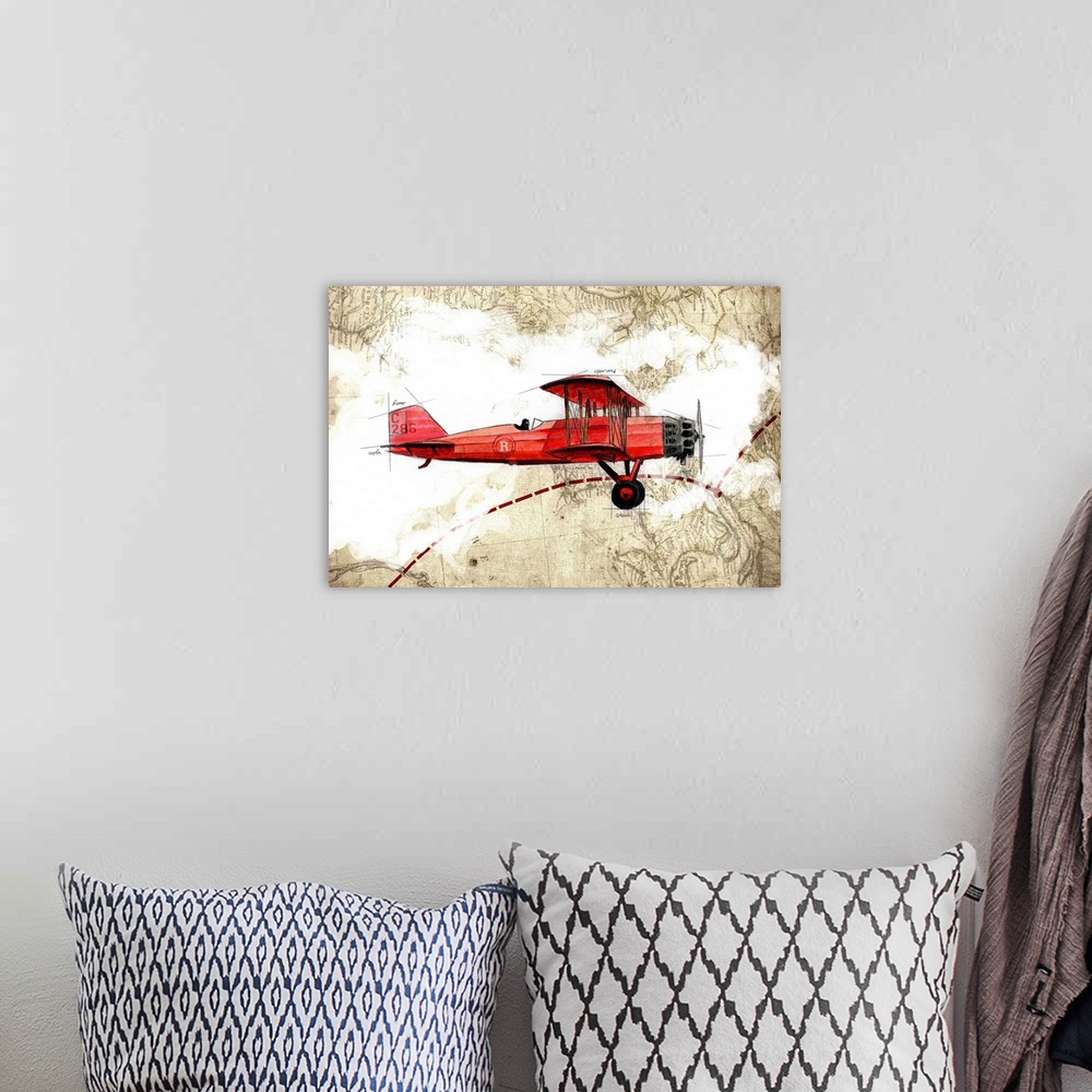A bohemian room featuring Illustration of a red biplane in flight with clouds and a map in the background.