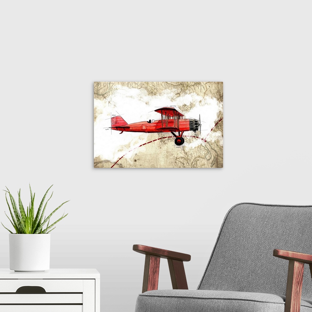 A modern room featuring Illustration of a red biplane in flight with clouds and a map in the background.